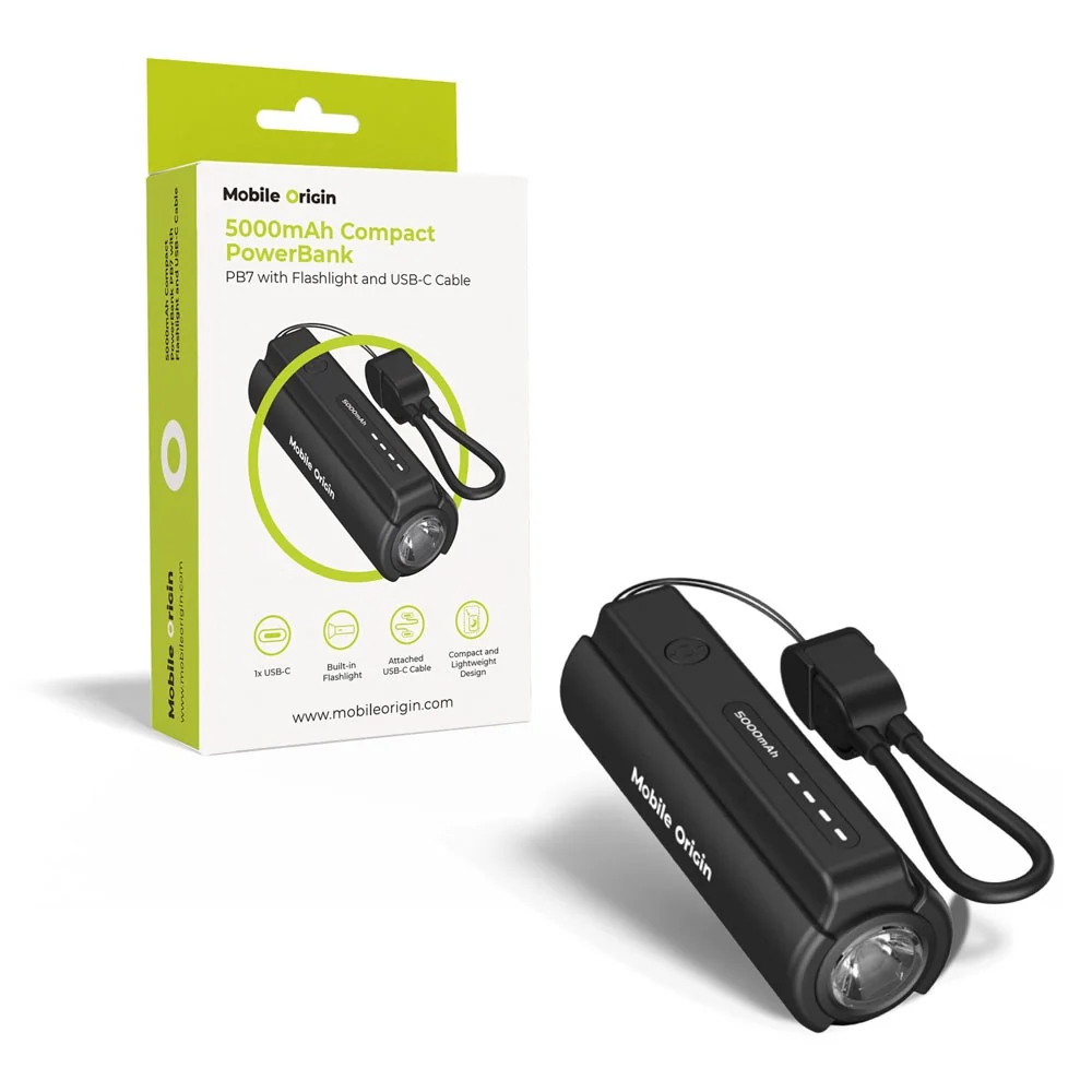 Mobile Origin 5000 mAh PowerBank m. Lommelykt & USB-C Kabel – Svart v:4501627 Mobile Origin 5000 mAh PowerBank m. Lommelykt & USB-C Kabel – Svart v:4501627