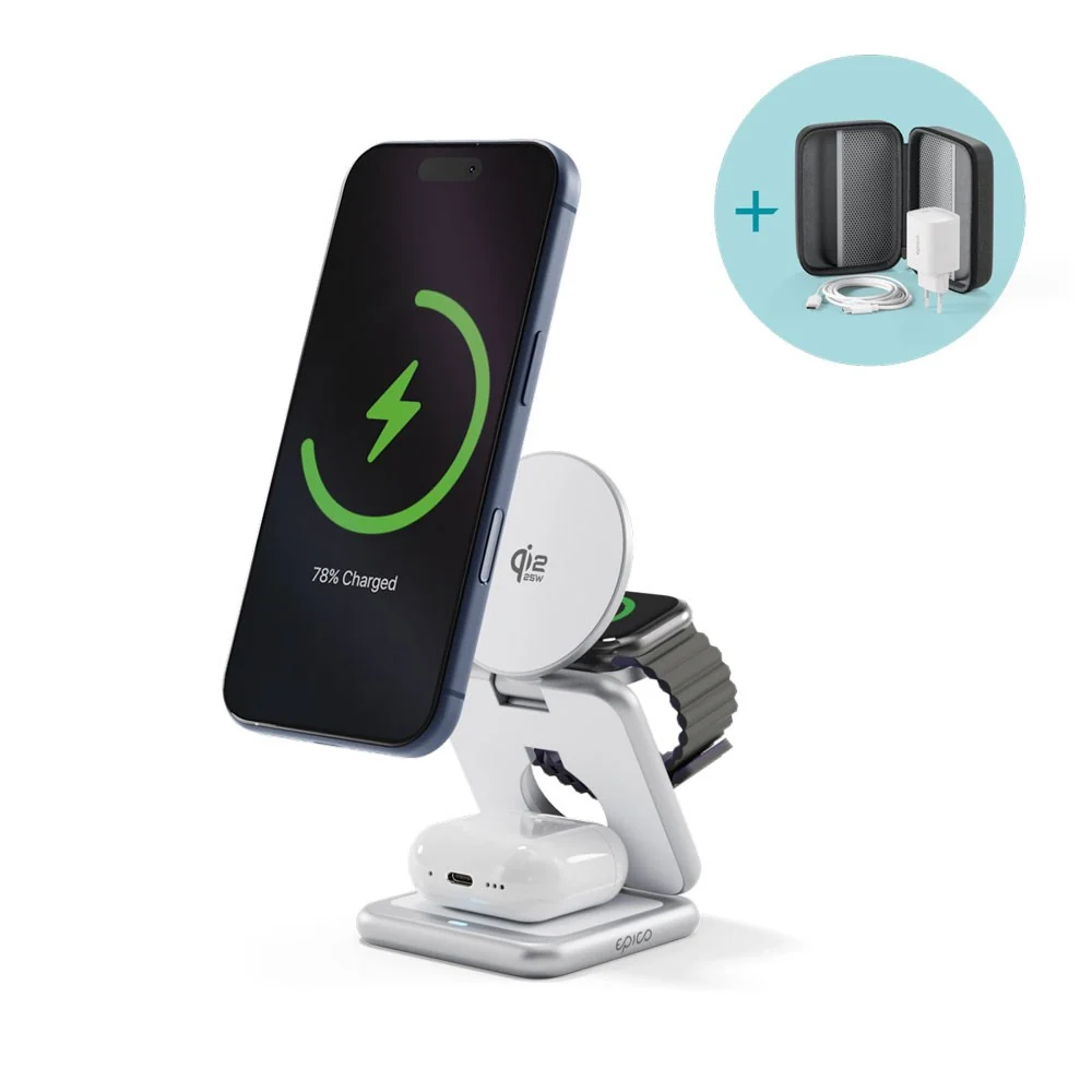 Epico UltraBase EF60 3-i-1 Fold Metal Mag+ Trådløs Lader – 25W – Qi2 / v:4459012 Epico UltraBase EF60 3-i-1 Fold Metal Mag+ Trådløs Lader – 25W – Qi2 / v:4459012