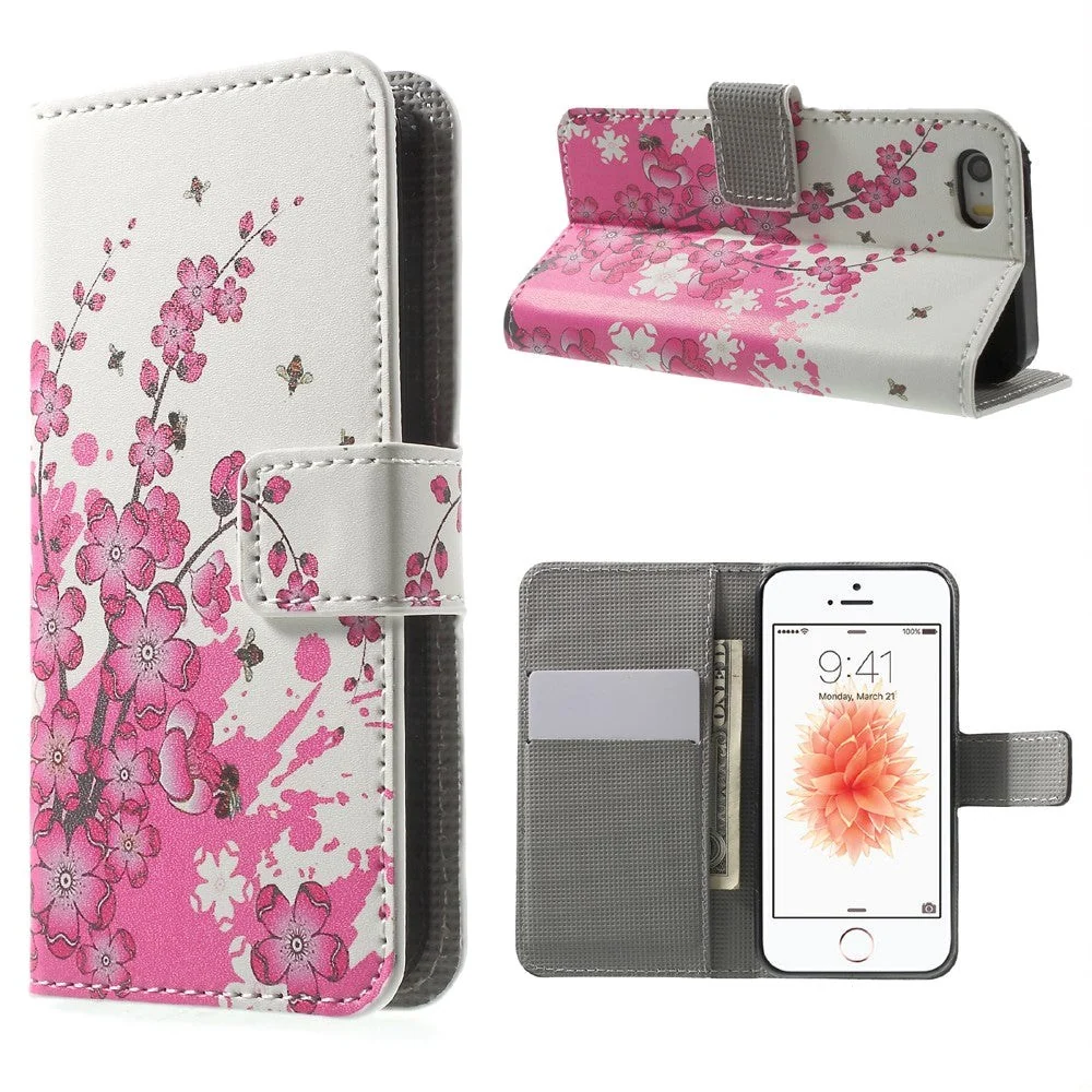 iPhone SE / 5 / 5s Deksel med Lommebok Blomster Pink/Hvit v:3897894