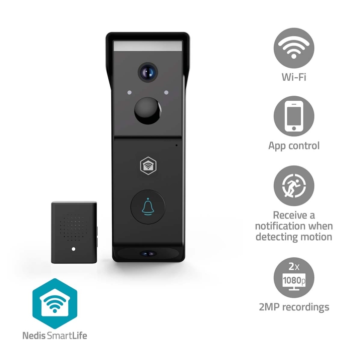 Nedis SmartLife Video Dør Telefon | Batteri drevet | 2x Full HD 1080p | Cloud Storage (valgfritt) / microSD (ikke inkludert) | IP54 | Bevegelsessensor | Nattsyn | Sort v:3026375 Nedis SmartLife Video Dør Telefon | Batteri drevet | 2x Full HD 1080p | Cloud Storage (valgfritt) / microSD (ikke inkludert) | IP54 | Bevegelsessensor | Nattsyn | Sort v:3026375