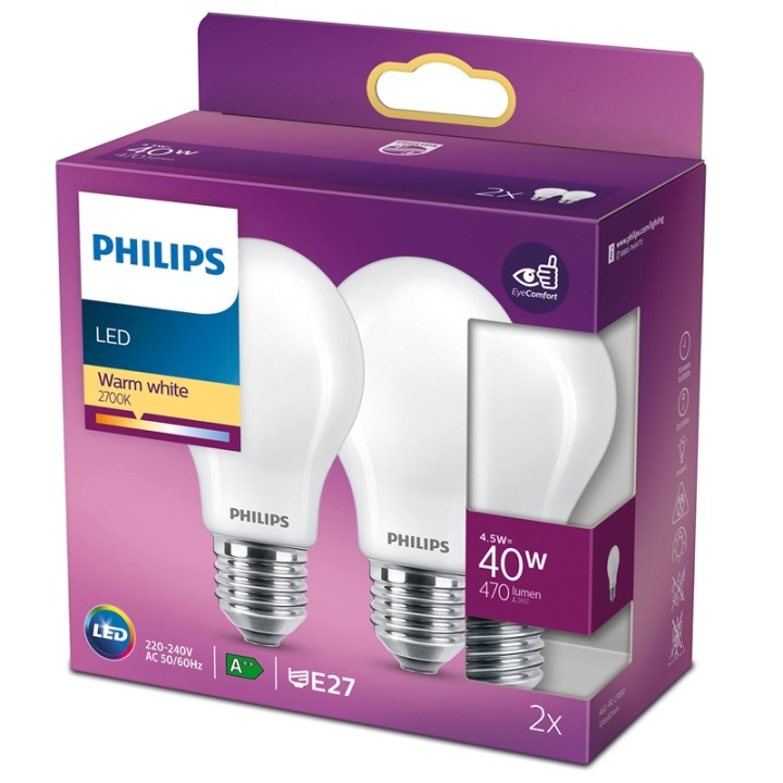 Philips 2-pakning LED E27 Normal 40W Frost 470lm v:4872409