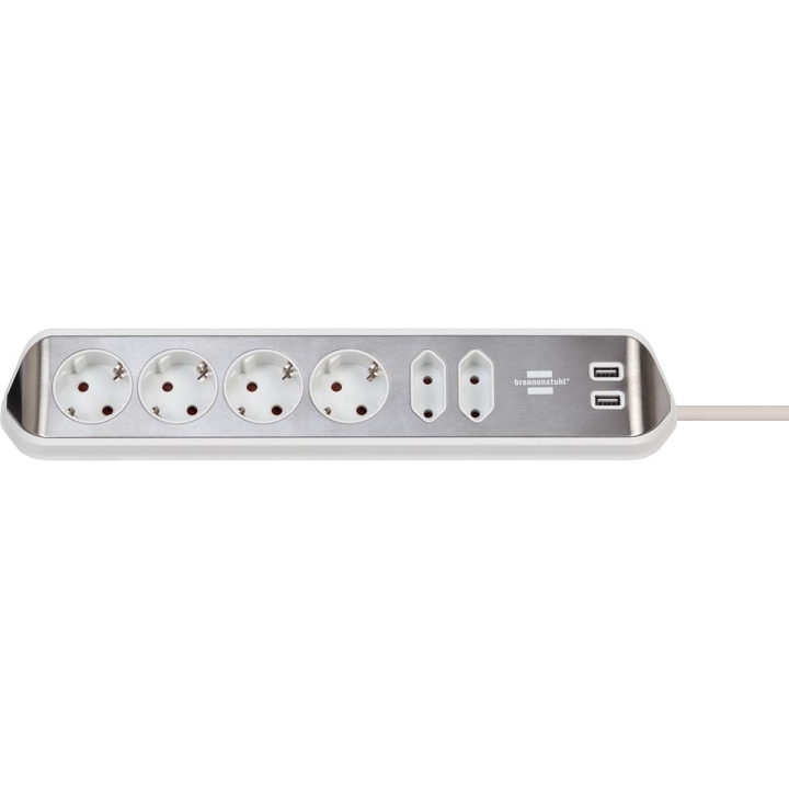brennenstuhl Estilo 6-veis hjørnestikkontakt med høykvalitets rustfri ståloverflate for kjøkken og kontor (skrivebordsuttak med 4x beskyttende kontaktuttak, 2x Euro-uttak, inkl. USB-ladefunksjon) sølv/hvit TYPE F v:7250087