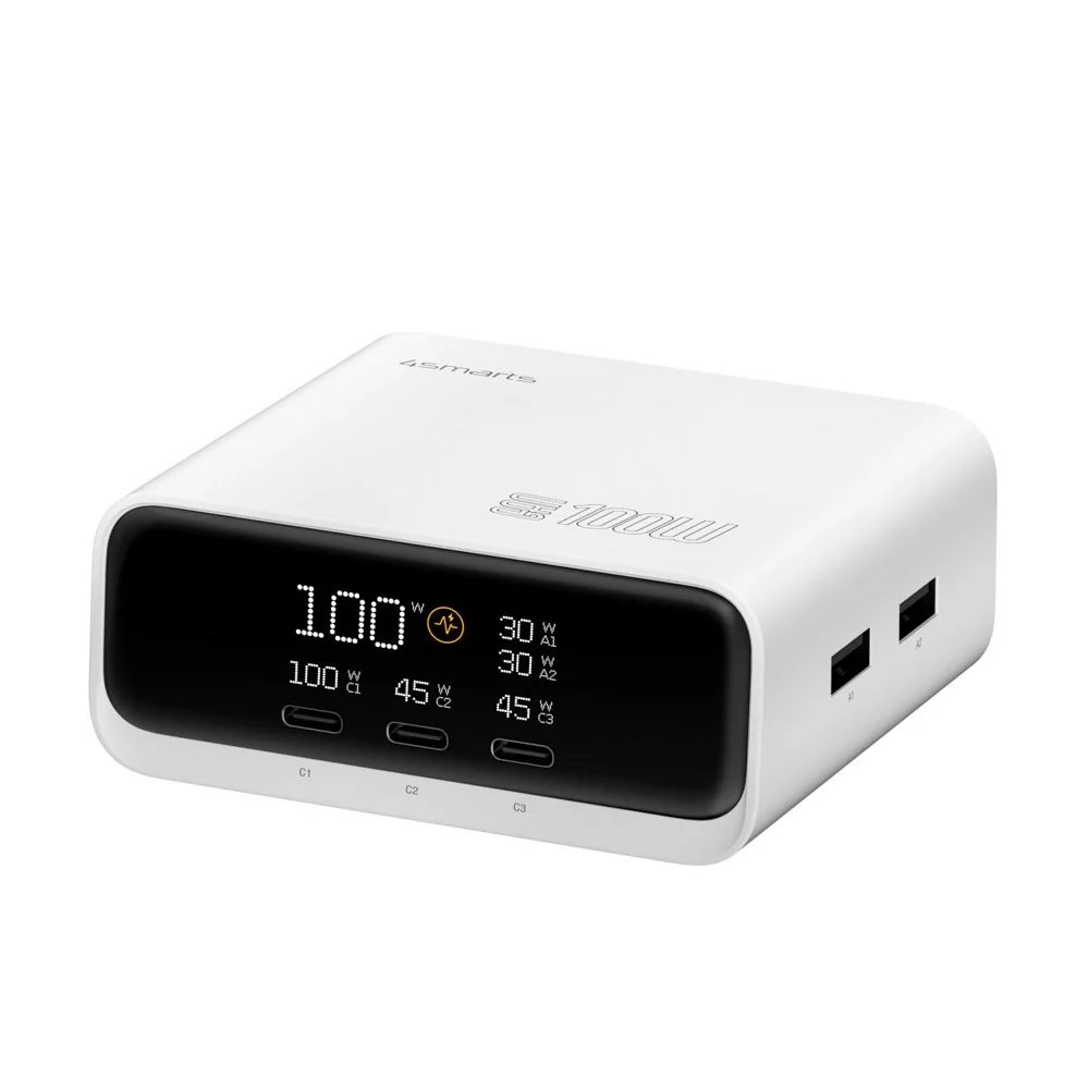 4smarts GaN Bordlader m. Skjerm – 100W / 3x USB-C & 2x USB-A – Hvit v:5810245