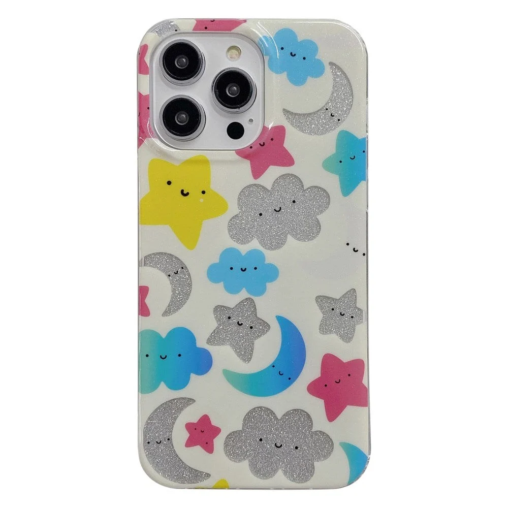 iPhone 13 Pro Glitter Plast Deksel - Hvit / Stjerner og Måner v:9931745