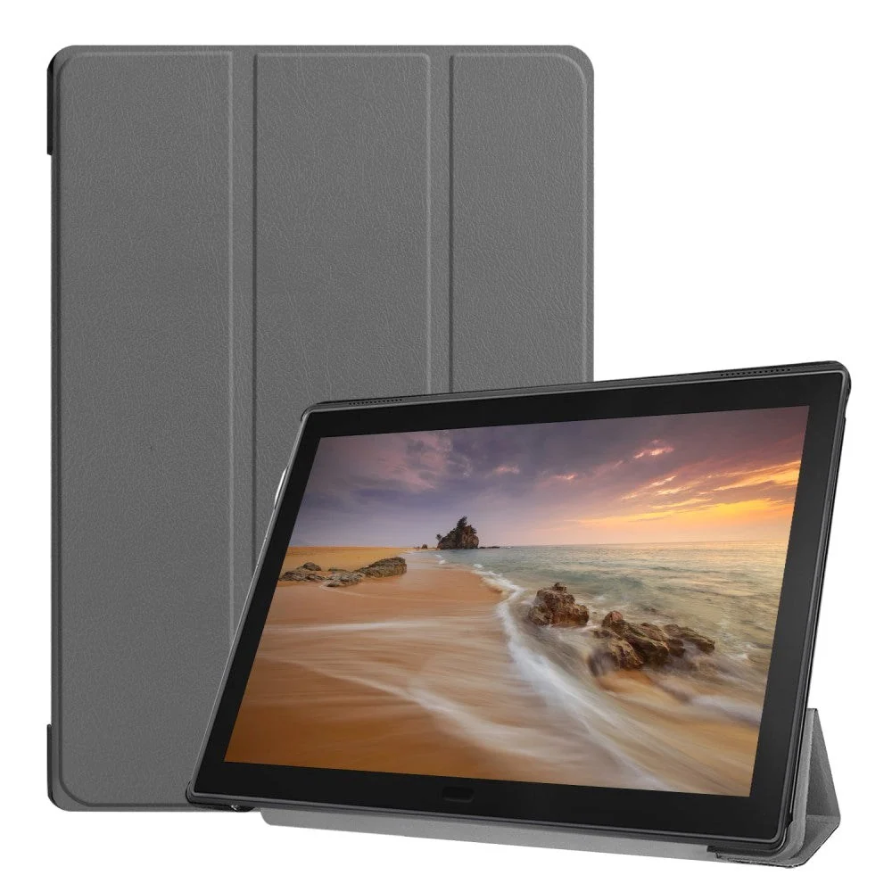 Lenovo Tab E10 Skinn Deksel med Tri-fold Stand – Grå v:4497432 Lenovo Tab E10 Skinn Deksel med Tri-fold Stand – Grå v:4497432