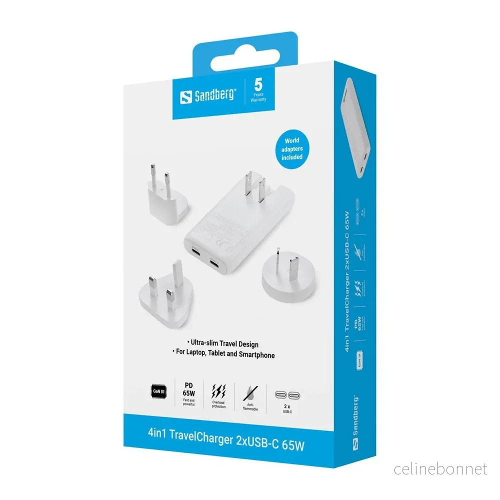 Sandberg 4-i-1 65W Reiselader m. 2x USB-C – EU / UK / AUS – Hvit v:6915459 Sandberg 4-i-1 65W Reiselader m. 2x USB-C – EU / UK / AUS – Hvit v:6915459