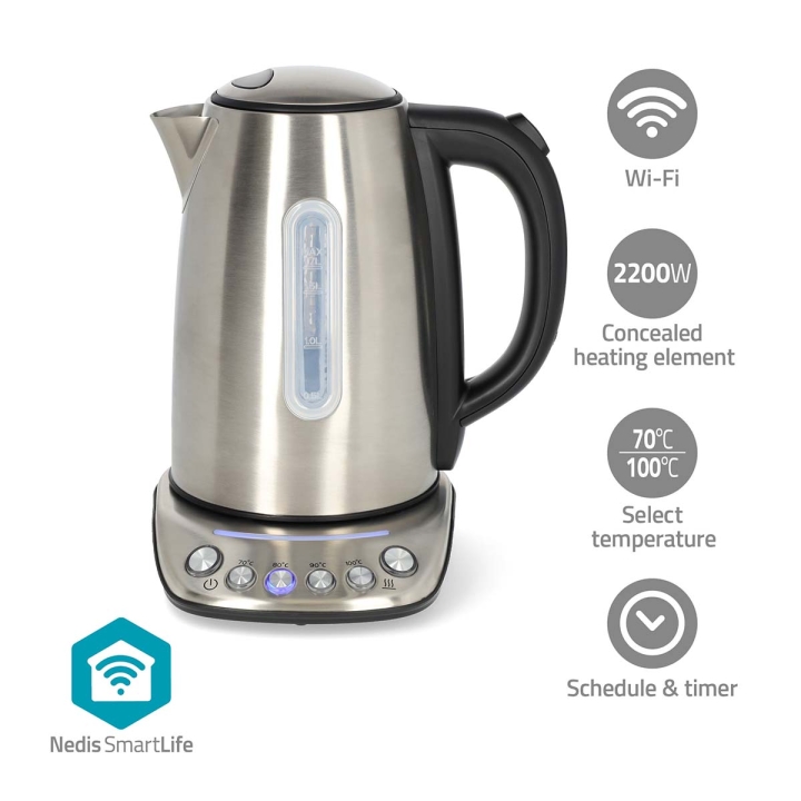 Nedis SmartLife Vannkoker | Wi-Fi | 1.7 l | Rustfritt Stål | 70,80,90,100 °C | Temparatur indikasjon | Roterbar 360 grader | Skjult varmeelement | Strix® kontroll | Android™ / IOS v:9309278