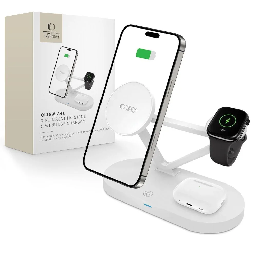 Tech-Protect 3-i-1 Magsafe Trådløs Lader QI 15W - Hvit v:1578857