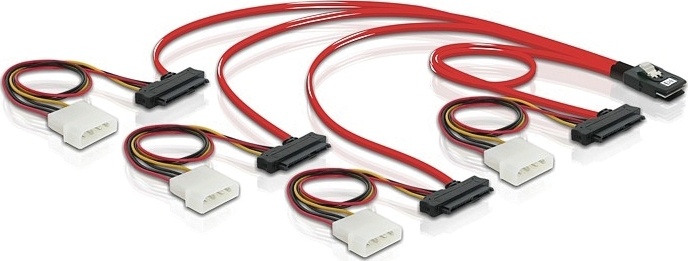 DeLOCK flerbanes SAS-kabel SFF8087 – 4xSFF8482+Molex 4-pinners strøm 0,5m (83059) v:5007999