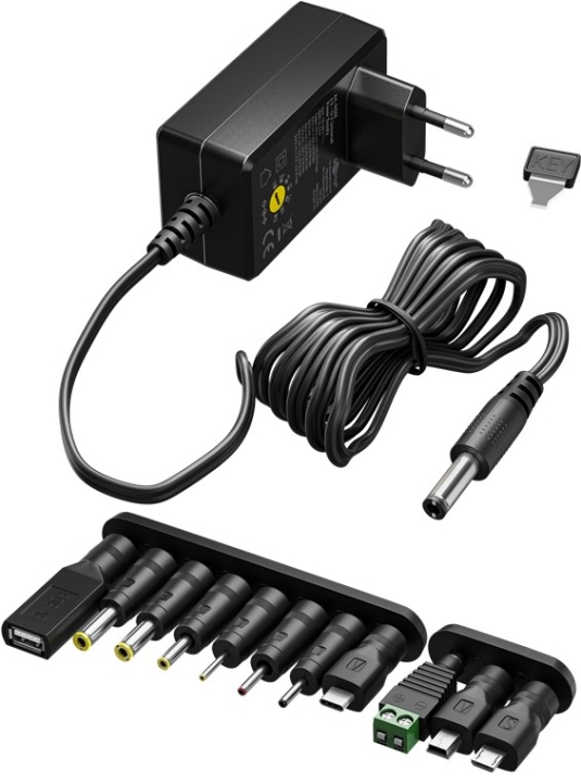Goobay Universell strømforsyning 5 V - 15 V, maks. 36 W / 2,4 A) inkl. 11 adaptere: 7 DC-adaptere pluss USB-C™, USB-A, USB Mini-B, Micro-USB og rekkeklemme v:7494478