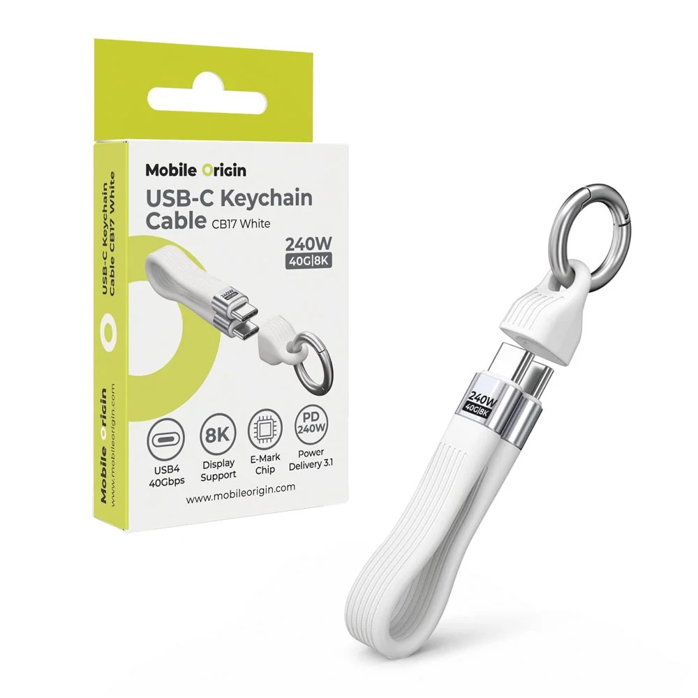 Mobile Origin 240W USB-C til USB-C Nøkkelringkabel - 13cm - Hvit v:6779117