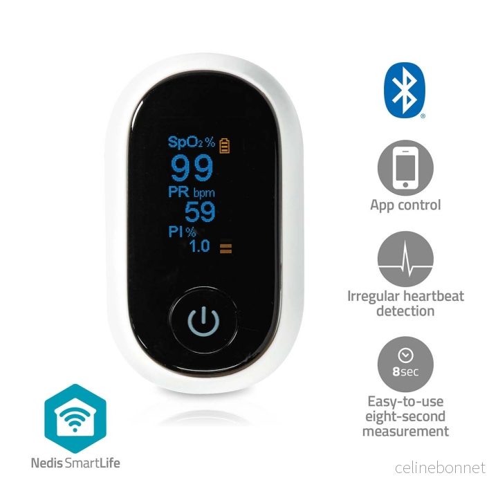 Nedis SmartLife Pulsoksymeter | Bluetooth® | OLED | Anti-bevegelse interferens / Auditiv alarm / Oksygenmetning (SpO2) / Perfusjonsindeks / Puls / Sensor med høy presisjon | Hvit v:8946117