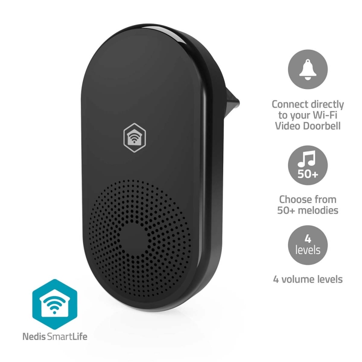 Nedis SmartLife-Klokke | RF, frequency 433 Mhz | Tilbehør til: WIFICDP11BK / WIFICDP21BK / WIFICDP31BK | Nettstrøm drevet | 55 melodier | 110 – 240 V AC 50/60 Hz | Justerbar volum | Sort v:4186902 Nedis SmartLife-Klokke | RF, frequency 433 Mhz | Tilbehør til: WIFICDP11BK / WIFICDP21BK / WIFICDP31BK | Nettstrøm drevet | 55 melodier | 110 – 240 V AC 50/60 Hz | Justerbar volum | Sort v:4186902