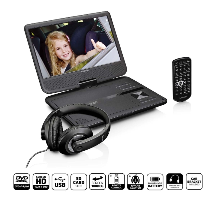 Lenco Bærbar 10 DVD-spiller med USB -Hodetelefon-opphengsbrakett Svart v:4124239 Lenco Bærbar 10 DVD-spiller med USB -Hodetelefon-opphengsbrakett Svart v:4124239