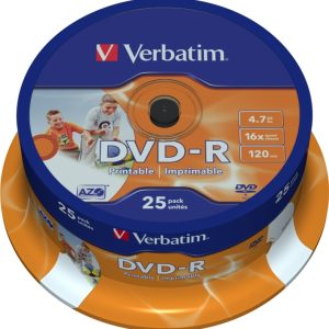 Verbatim DVD-R, 16x, 4,7 GB/120 min, 25-pakning spindel, AZO, utskrivbar (43538) v:3749671