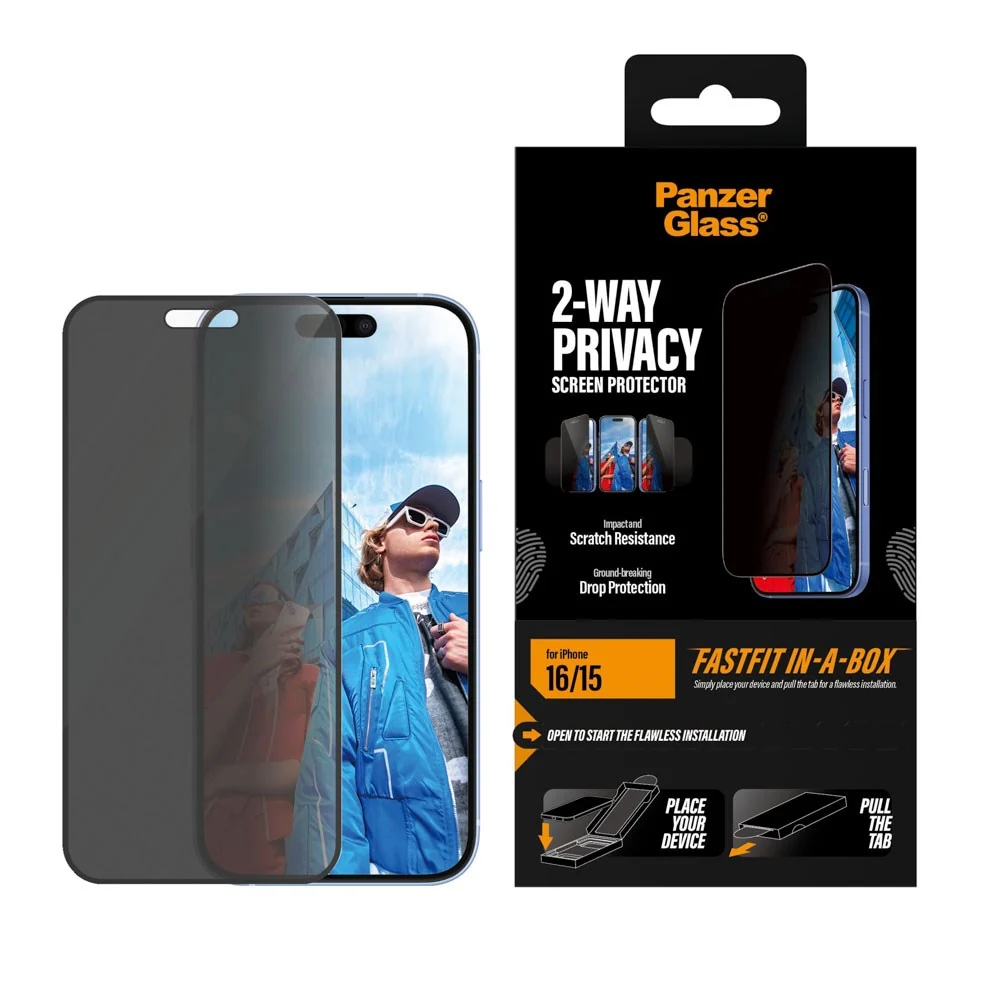 iPhone 16 / 15 PanzerGlass 2-Way Privacy Skjermbeskyttelse med FastFit v:7935277 iPhone 16 / 15 PanzerGlass 2-Way Privacy Skjermbeskyttelse med FastFit v:7935277